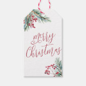 Vrolijk Kerstfeest Waterverf Pine en bessen Cadeaulabel (Voorkant)