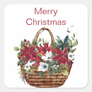 Vrolijk kerstfeest Waterverf Poinsettia Floral Vierkante Sticker