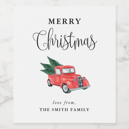 Vrolijk kerstfeest Waterverf Red Truck Wijn Etiket (Enkel label)