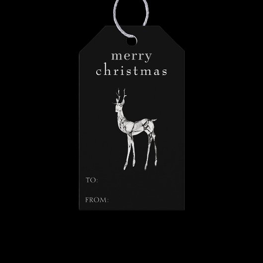 Vrolijk Kerstfeest Waterverf Rendier Modern Zwart Cadeaulabel