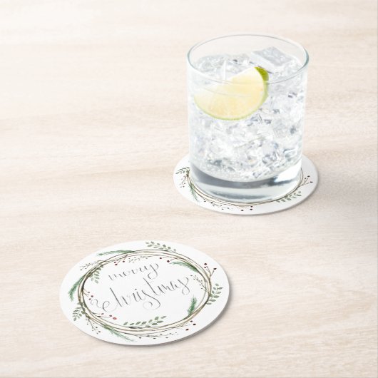 Vrolijk kerstfeest Waterverf Wreath Ronde Kartonnen Onderzetter (Insitu)