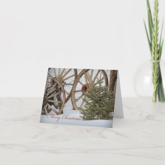 Vrolijk Kerstfeest Westerne Wagon Wheels en Pine T Feestdagen Kaart (Voorkant)
