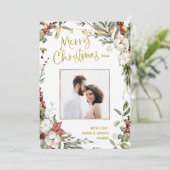 vrolijk kerstfeest | Winter Bloemen en Foto en Gou Feestdagenkaart (Staand voorkant)