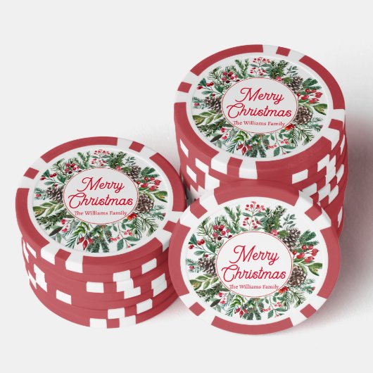 Vrolijk Kerstfeest Winter Greenery Red Script Clas Poker Chips (Opstapeling)