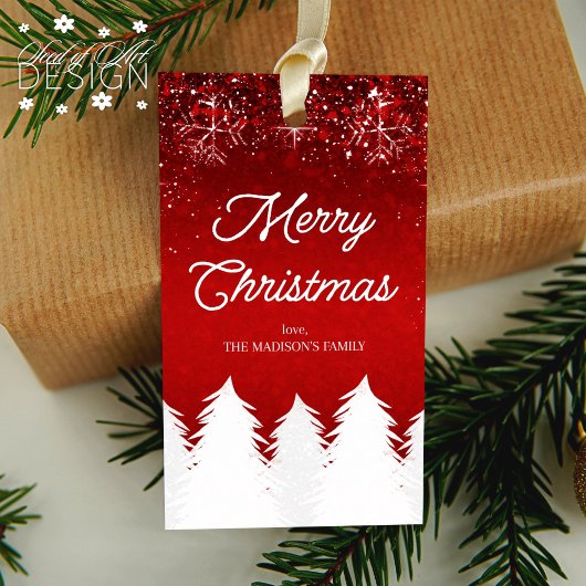 Vrolijk Kerstfeest Winterbomen & Sneeuwvlokken Roo Cadeaulabel