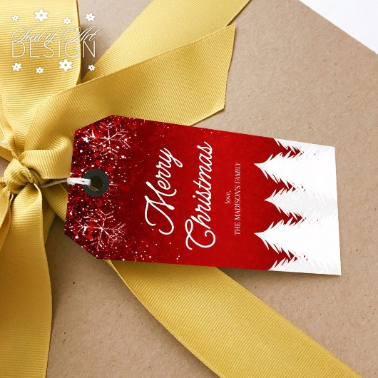 Vrolijk Kerstfeest Winterbomen & Sneeuwvlokken Roo Cadeaulabel