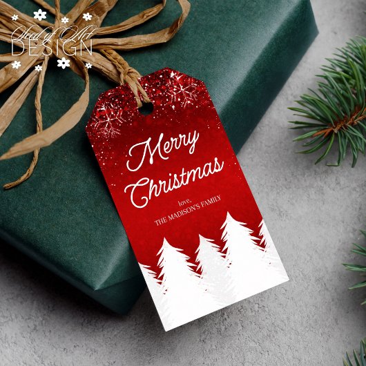 Vrolijk Kerstfeest Winterbomen & Sneeuwvlokken Roo Cadeaulabel