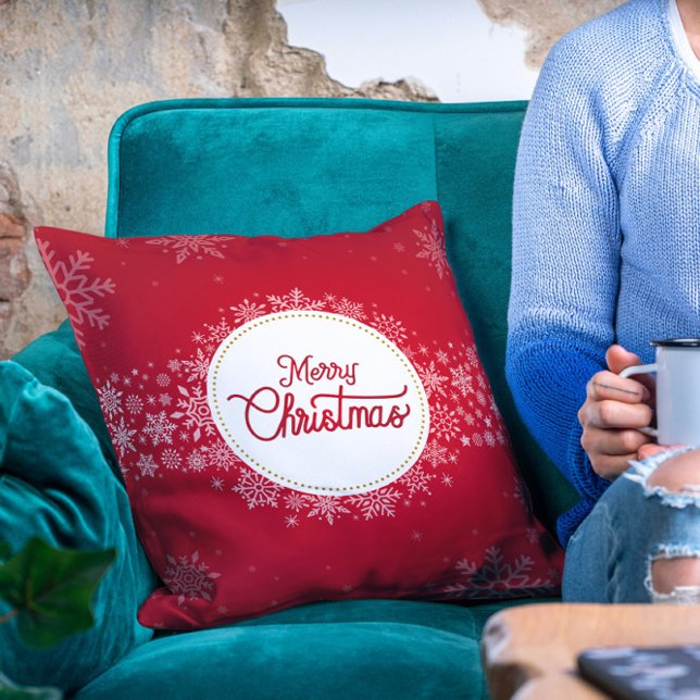 Vrolijk kerstfeest Wintersnowflakes Red Holiday Kussen (Creator heeft geüpload)