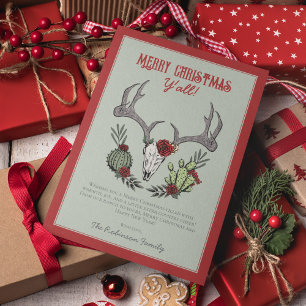 Vrolijk kerstfeest Y'All Reindeer Skull and Cactus Feestdagenkaart