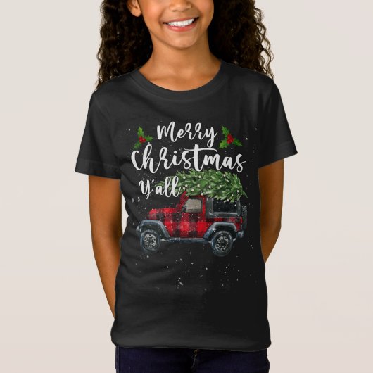 Vrolijk Kerstfeest Y'all Retro Red Plaid Auto Kers T-shirt (Voorkant)