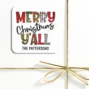 Vrolijk Kerstfeest Y'all Tartan Luipaard Print Naa Vierkante Sticker