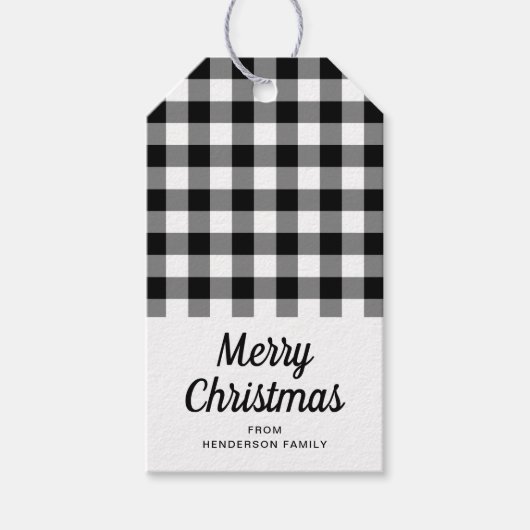 Vrolijk kerstfeest zwart-wit cheques cadeaulabel (Voorkant)