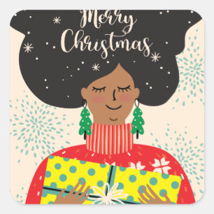 Vrolijk kerstfeest, zwarte vrouw, heldere Sweater  Vierkante Sticker