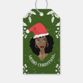 Vrolijk kerstfeest, zwarte vrouw, kerstmuts, groen cadeaulabel (Voorkant)