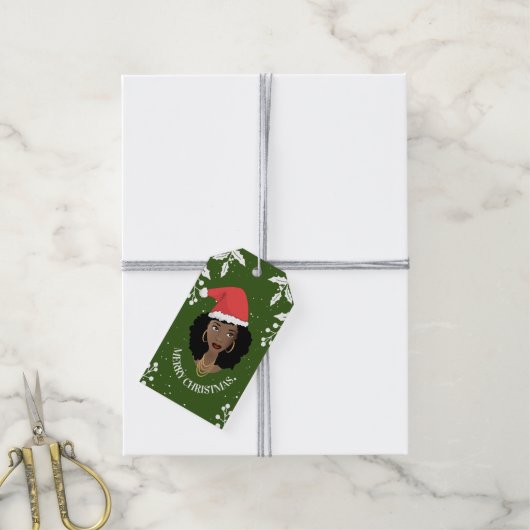 Vrolijk kerstfeest, zwarte vrouw, kerstmuts, groen cadeaulabel (Met Touw)