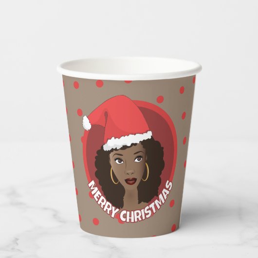 Vrolijk kerstfeest, zwarte vrouw kerstmuts papieren bekers (Achterkant)