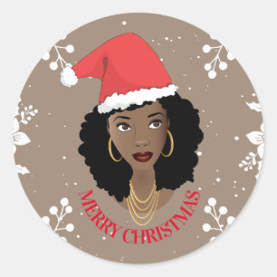 Vrolijk kerstfeest, zwarte vrouw, rode kerstman, b ronde sticker