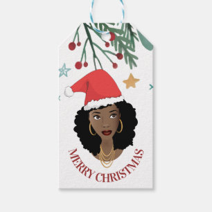Vrolijk kerstfeest, zwarte vrouw, rode kerstman cadeaulabel