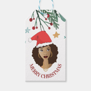 Vrolijk kerstfeest, zwarte vrouw, rode kerstman cadeaulabel