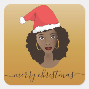 Vrolijk Kerstfeest, Zwarte Vrouw, Santa Hat, Geel Vierkante Sticker