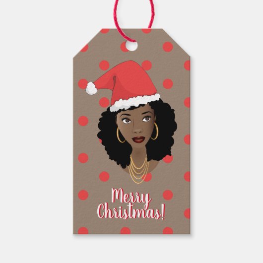 Vrolijk kerstfeest! Zwarte Vrouw, Santa Hat, Polka Cadeaulabel (Voorkant)