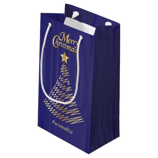 Vrolijk kerstfeestjes, donkerblauw en gouden bomen klein cadeauzakje (Achterkant Gekanteld)