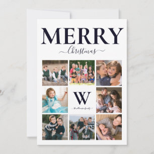 Vrolijk kerstfoto Collage Monogram Navy White Feestdagenkaart