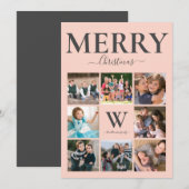 Vrolijk kerstfotocollage monogram roze grijs feestdagenkaart (Voorkant / Achterkant)