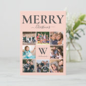 Vrolijk kerstfotocollage monogram roze grijs feestdagenkaart (Staand voorkant)