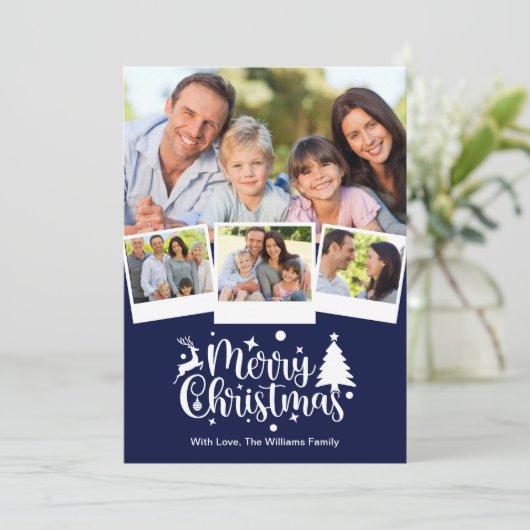 Vrolijk kerstfotofeest Blauw White Feestdagenkaart (Staand voorkant)