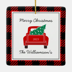 Vrolijk kerstfotojaar Naam Rode vrachtwagenboom Keramisch Ornament