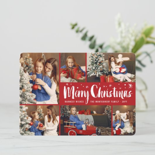 Vrolijk kerstgeborsteld Manuscript Stars Modern 6 Feestdagenkaart (Staand voorkant)