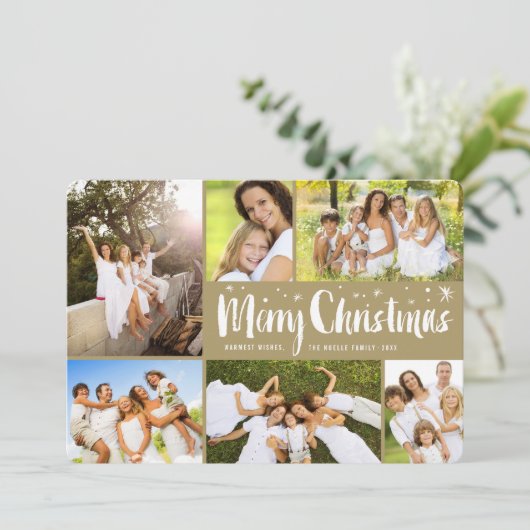 Vrolijk kerstgeborsteld script sterren Classy 6 Fo Feestdagenkaart (Staand voorkant)