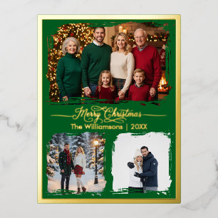 Vrolijk Kerstgezin Drie Foto Groen Folie Feestdagen Briefkaart