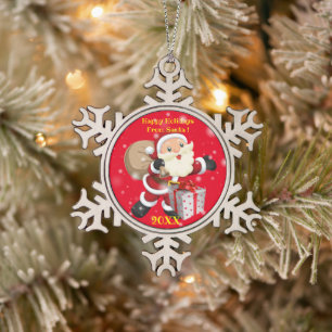 Vrolijk kerstgezin en Eerste Kerstdag Tin Sneeuwvlok Ornament