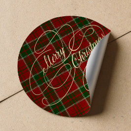 Vrolijk kerstgouden script rood groen plaid tartan ronde sticker