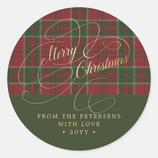 Vrolijk kerstgouden script rustieke rode groene pl ronde sticker (Voorkant)