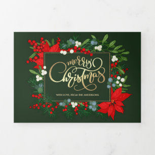 Vrolijk Kerstgroen Bloemen Multi Foto Drieluik Kaart