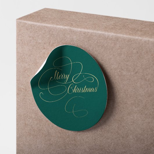 Vrolijk kerstgroen en goud elegant script ronde sticker