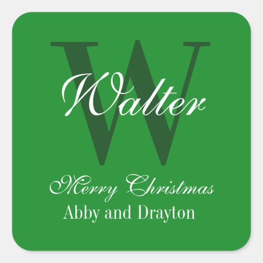 Vrolijk kerstgroen en wit custom monogram vierkante sticker (Voorkant)
