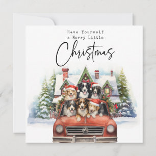 Vrolijk kersthuis met honden in rode vrachtwagen feestdagenkaart