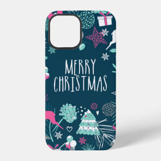 Vrolijk kerstkaartje met sneeuwvlokken en kerstsym iPhone 12 hoesje
