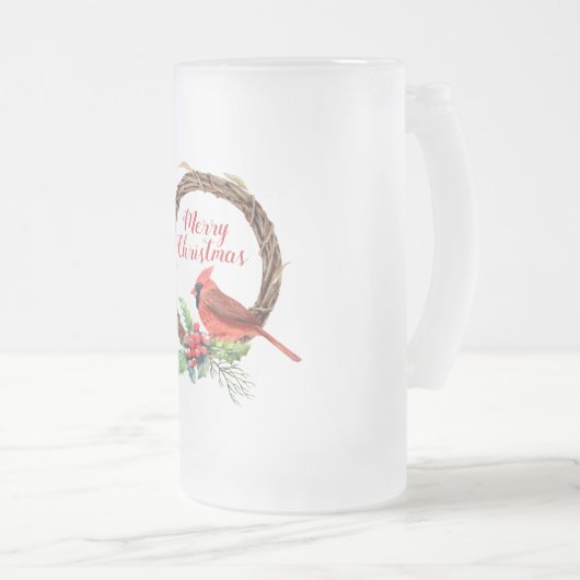 Vrolijk kerstkardinaal en Holly Matglas Bierpul (Voorkant rechts)