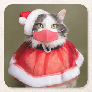 Vrolijk kerstkat in Santa Hat en Face Mask Vierkante Kartonnen Onderzetter
