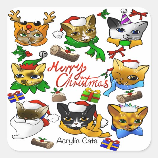 Vrolijk kerstkatten vierkante sticker (Voorkant)