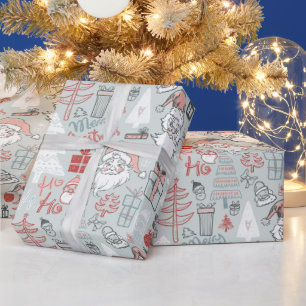 Vrolijk kerstkerstboom met de hand getekend patroo cadeaupapier