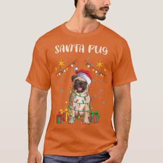 Vrolijk kerstkerstfeest pug, Santa Hat Xmas lampje T-shirt
