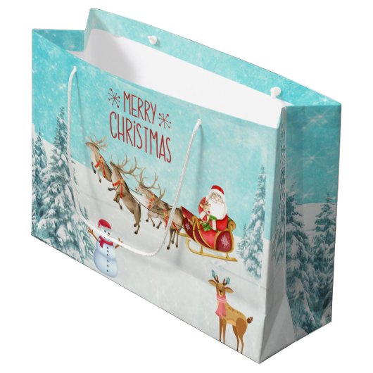 Vrolijk kerstkerstfeest, Snowman, Reindeer, Forest Groot Cadeauzakje (Voorkant Gekanteld)