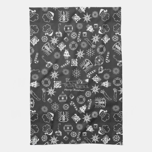 Vrolijk kerstkerstkerstkerstkerstsymbolen, zwart e theedoek (Verticaal)