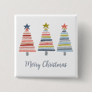 Vrolijk kerstkleurrijke gestapelde bomen vierkante button 5,1 cm
